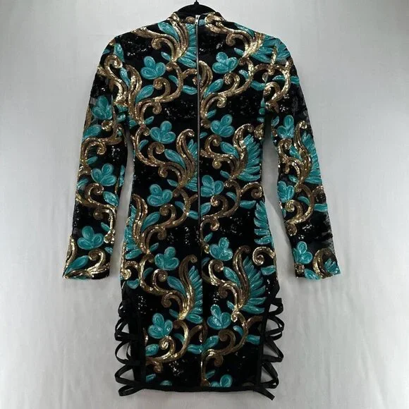 Fashion Nova Dress Size  XS Caprice Sequin Strap Side Bodycon Long Sleeve Black - Picture 3 of 12